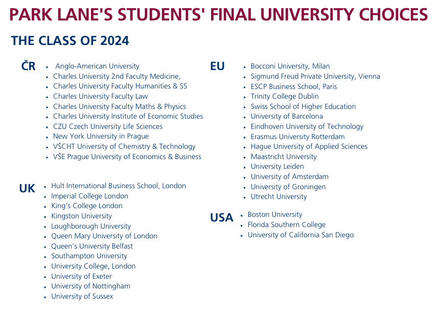 2024 Park Lane University choices