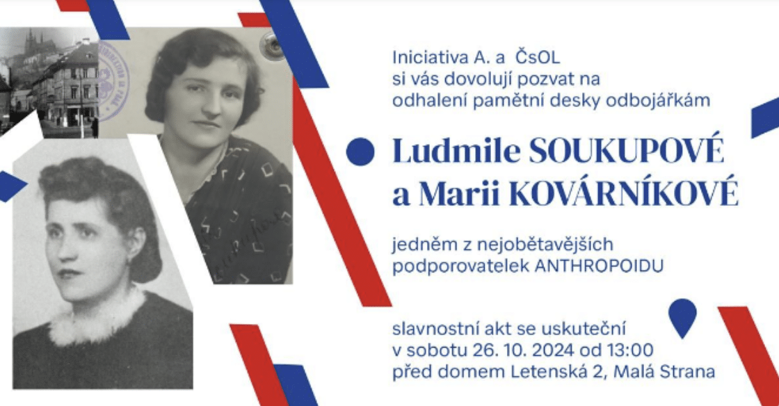 unveiling of a new memorial plaque at 1:00 PM at Klárov, where the heroines of the Second Resistance, sisters Marie KOVÁRNÍKOVÁ and Ludmila SOUKUPOVÁ